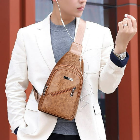 Men's Soft Leather Chest Bag, Stylish One-Shoulder Bag, Waterproofing Casual Business Sling Bag, Antitheft Pocket, Multiple Storage Areas, Breathable, USB Charging Interface, Multifunctional