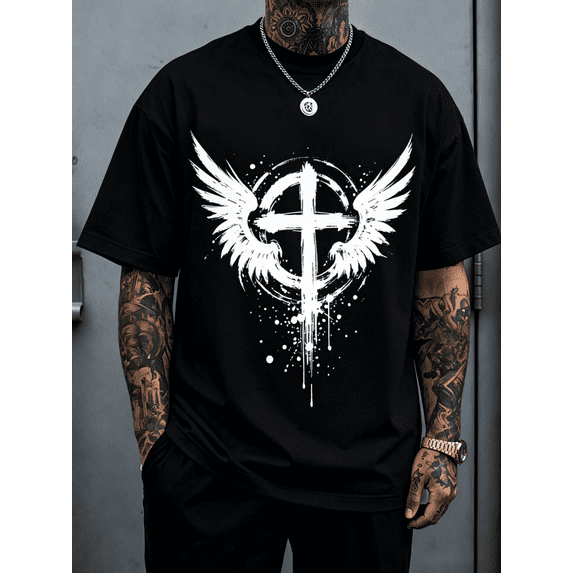 Men’s Soft Oversized Black T-Shirt, Grunge Paint Drip Cross Angel Wings Graphic Christian Faith Streetwear Short Sleeve Tee Gift for Religious Believers