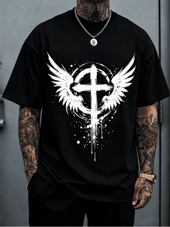 Men’s Soft Oversized Black T-Shirt, Grunge Paint Drip Cross Angel Wings Graphic Christian Faith Streetwear Short Sleeve Tee Gift for Religious Believers