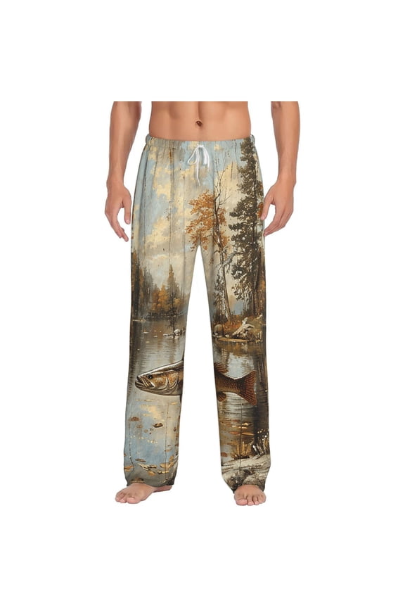 Men's Soft Pajama Pants Comfy Long Flannel Sleep Lounge, Hunting Cabin Fish Leaf Fishing Vintage