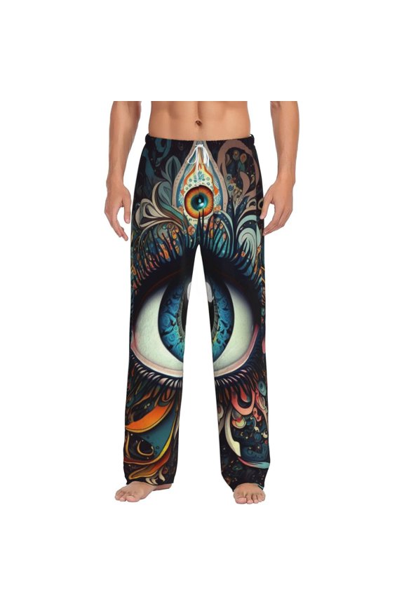 Men's Soft Pajama Pants Comfy Long Flannel Sleep Lounge, Magic Evil Eyes Psychedelic