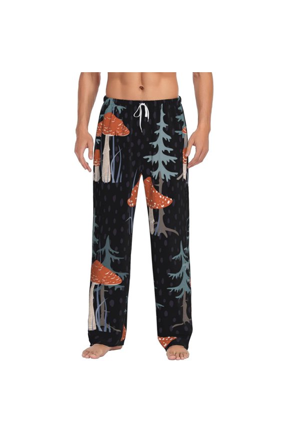 Men's Soft Pajama Pants Comfy Long Flannel Sleep Lounge, Tree Mushroom Magic