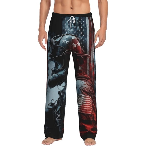 Men's Soft Pajama Pants Comfy Long Sleep Lounge Pockets, Fireman American Flag