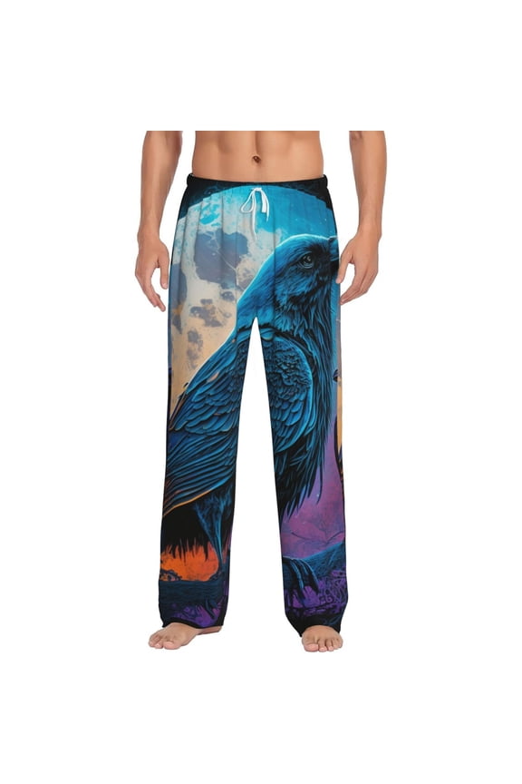 Men's Soft Pajama Pants Comfy Long Sleep Lounge Pockets, Raven Wolf Moon Moonlight Art