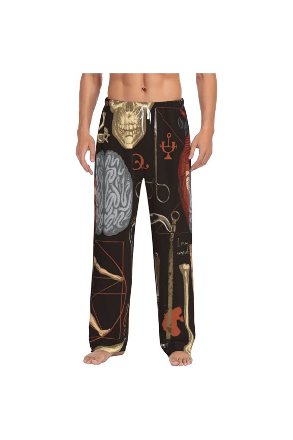 Men's Soft Pajama Pants Comfy Long Sleep Lounge Pockets, Retro Bones Organs Skull