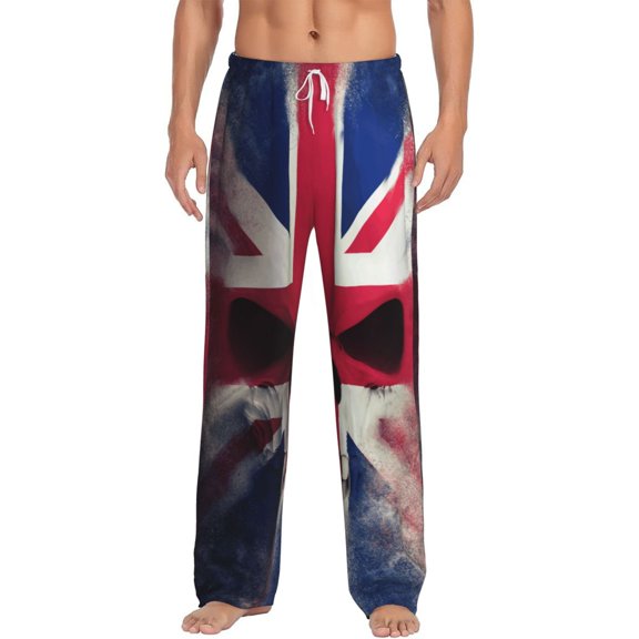 Men's Soft Pajama Pants Comfy Long Sleep Lounge Pockets, Skull Face Union Jack Uk Flag