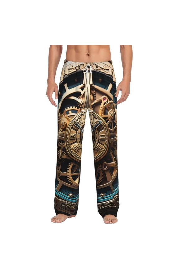 Men's Soft Pajama Pants Comfy Long Sleep Lounge Pockets, Steampunk Clockwork Wheels Art