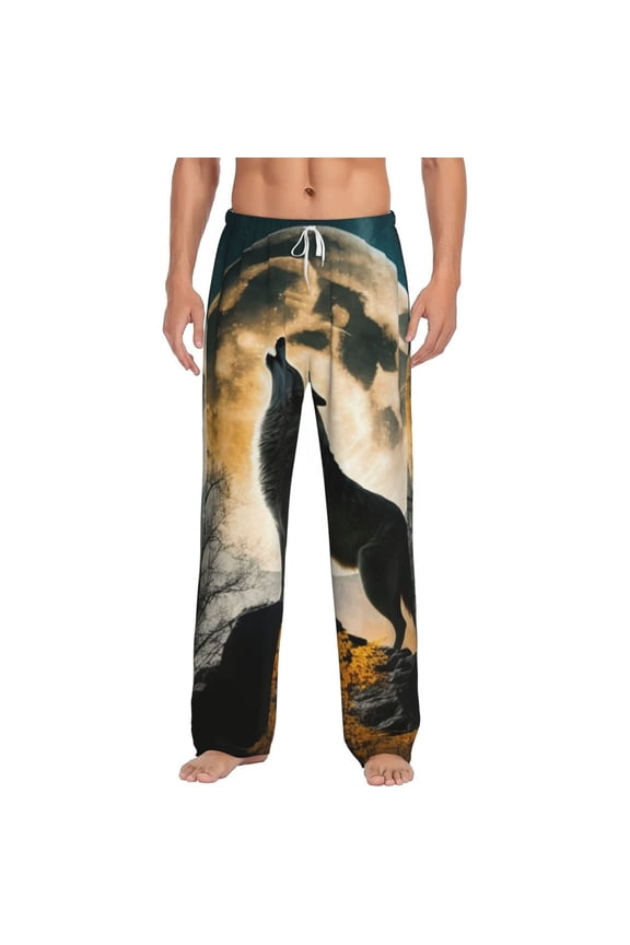Men's Soft Pajama Pants Comfy Long Sleep Lounge Pockets, Wolf Full Moon Howling