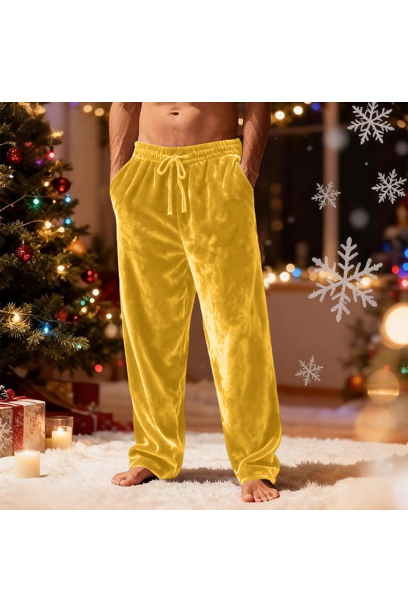 Men's Soft Pajamas Pant Fleece Fuzzy Bottoms Flannel Straight Leg Winter Baggy Lounge Yellow 2XL