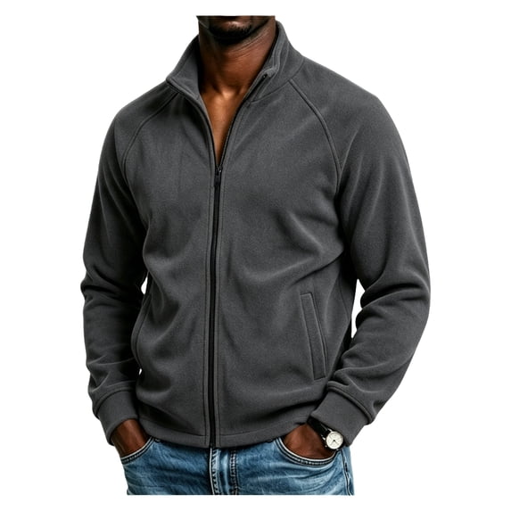 Men's Soft Polar Fleece Jacket with Pockets Lightweight Outdoor Recreation Full Zip Coat Long Sleeve Stand Collar Jacket
