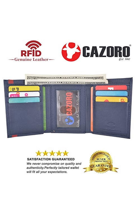 Men's Soft Premium Leather RFID Trifold Wallet Sleek & Slim ID Window Credit Card Holder Navy Blue