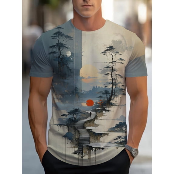 Men's Soft Short Sleeve T-Shirt with Asian Style Abstract Landscape Print - Lightweight Breathable Fabric, Comfortable Crew Neck Design, Comfortable Fit, Printed Top, Easy Fashion