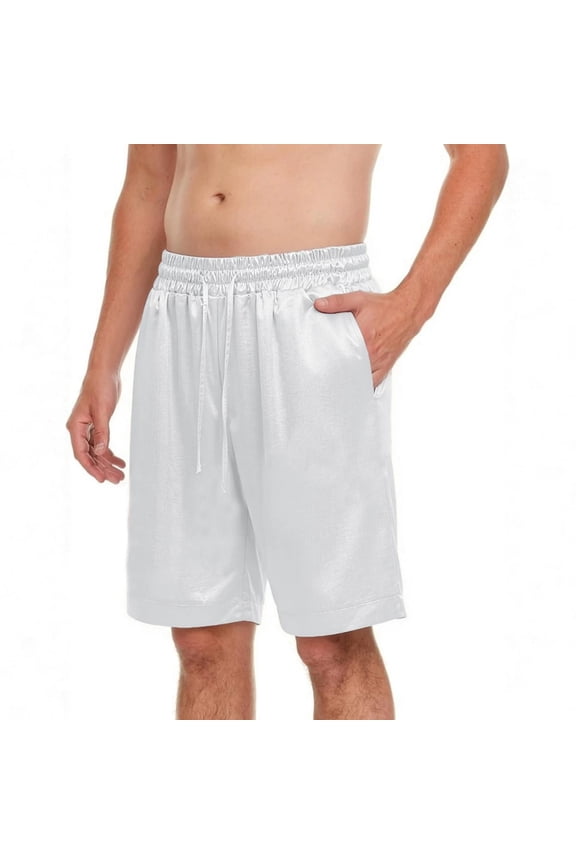 Men's Soft Silk Boxers Luxury Mulberry Silk Underwear, Smooth Loungewear Satin Sleep Shorts 11" Inseam Pajama Bottom with Pockets for Home and Nightwear Size M-5XL White