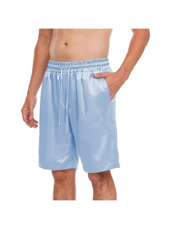 Men's Soft Silk Boxers Luxury Mulberry Silk Underwear, Smooth Loungewear Satin Sleep Shorts 11" Inseam Pajama Bottom with Pockets for Home and Nightwear Size M-5XL Blue