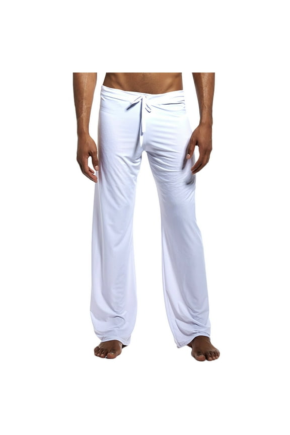 Men's Soft Sleepwear Pants Ice Silk Stretch Materials Low Rise Elastic Drawstring Stretch Sleep Bottoms