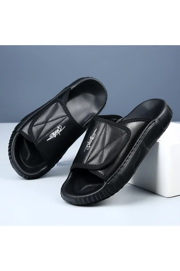Men's Soft Sole Leather Slides, Black High-End Summer Slippers with Adjustable Strap
