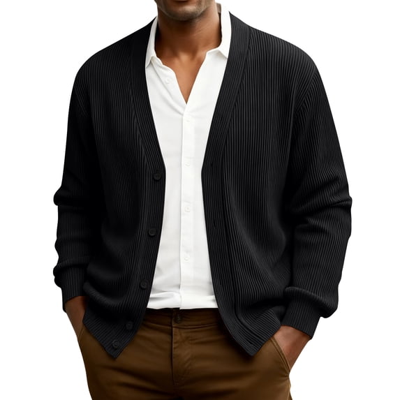 Men's Soft V-Neck Cardigan Long Sleeve Button Front Knit Comfortable Daily Wear Cardigan for Fall Winter Sweater Black XL