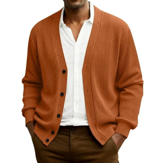 Men's Soft V-Neck Cardigan Long Sleeve Button Front Knit Comfortable Daily Wear Cardigan for Fall Winter Sweater Orange 5XL