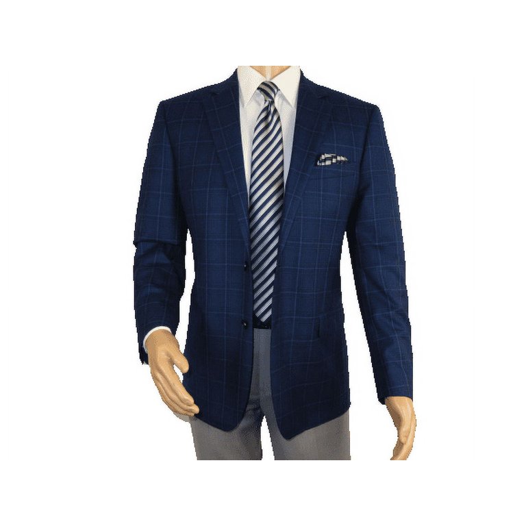 Men's Soft Wool Sport Coat English Plaid Window Pane 556-4 Navy Blue Renoir