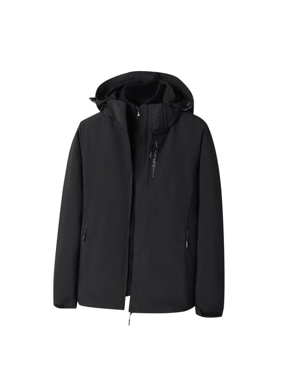 Men's Softshell Jacket with Hood Lightweight Fleece Lined Rain Coats Waterproof Warm Windbreaker Hooded Coat (Black XL)