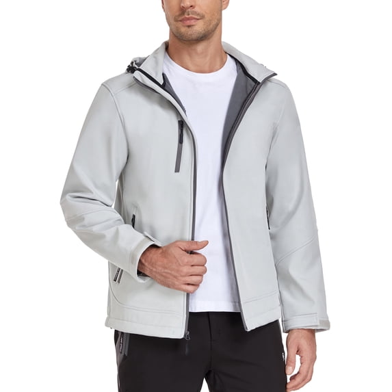 Men’s Softshell Jacket with Removable Hood, Fleece Lined and Water Repellent Light Gray M