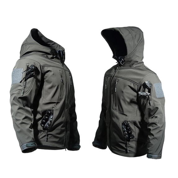 Men's Softshell Tactical Jacket with Hood, Fleece Lined Outdoor Coat, Full Zip Multi Zipper Pocket Windproof thermal Utility Coat for Hunting, Hiking and Daily Casual Gray