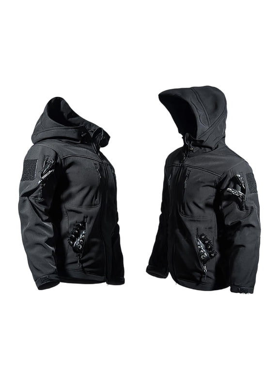 Men's Softshell Tactical Jacket with Hood, Fleece Lined Outdoor Coat, Full Zip Multi Zipper Pocket Windproof thermal Utility Coat for Hunting, Hiking and Daily Casual Black
