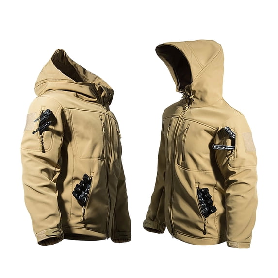 Men's Softshell Tactical Jacket with Hood, Fleece Lined Outdoor Coat, Full Zip Multi Zipper Pocket Windproof thermal Utility Coat for Hunting, Hiking and Daily Casual Khaki
