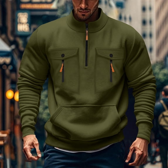 Men's Soild Color Quarter Zip Pullover, Mock Neck Fleece Sweatshirt with Zipper Chest Pocket, Casual Long Sleeve Lightweight Slim Fit Sweatshirt for Fall Winter Green XXL