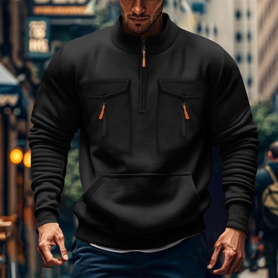 Men's Soild Color Quarter Zip Pullover, Mock Neck Fleece Sweatshirt with Zipper Chest Pocket, Casual Long Sleeve Lightweight Slim Fit Sweatshirt for Fall Winter Black XL