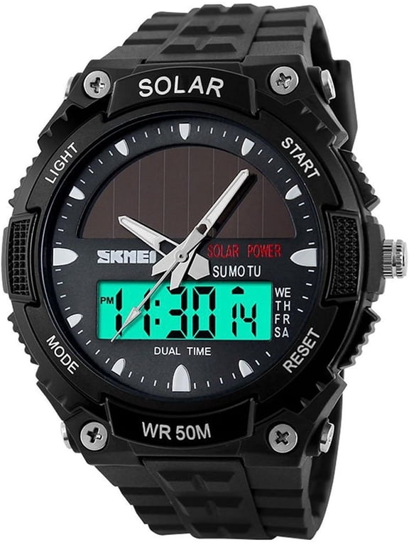 Men's Solar Powered Casual Quartz Wrist Watch Analog Digital Multifunctional Black Sports Watch