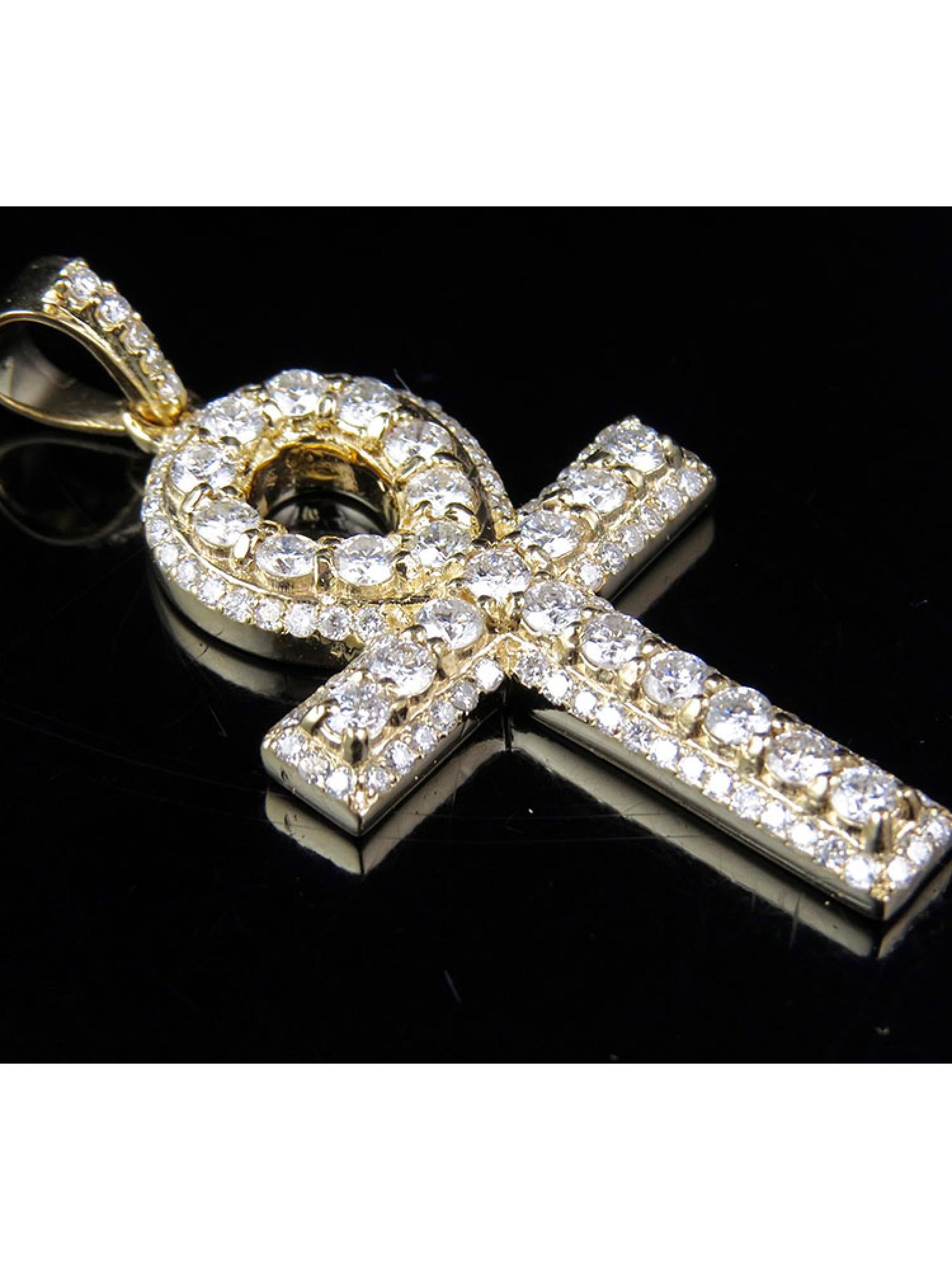 Men s Solid 14K Yellow Gold Ankh Cross Real Diamond Pendant 4.0CT