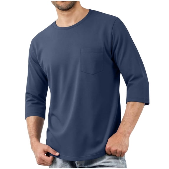 Men’s Solid 3/4 Sleeve Crew Neck Pocket T Shirt, Loose Breathable Casual Blouse Top Lightweight Basic Tee For Spring Summer Transitional Outfit Navy L