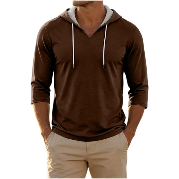 Men's Solid 3/4 Sleeve Pullover Hoodie, Casual V‑Neck Drawstring Hooded Athletic Sweatshirt for Street & Daily Wear
