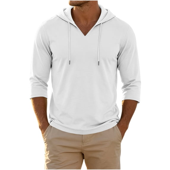 Men's Solid 3/4 Sleeve Pullover Hoodie, Casual V‑Neck Drawstring Hooded Athletic Sweatshirt for Street & Daily Wear