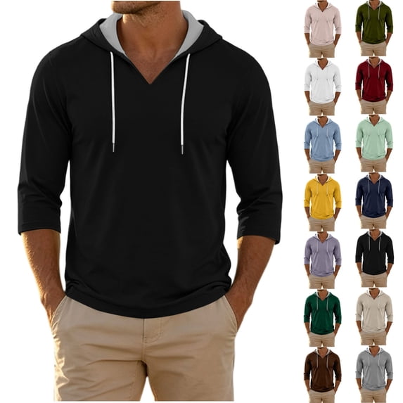 Men's Solid 3/4 Sleeve Pullover Hoodie, Casual V‑Neck Drawstring Hooded Athletic Sweatshirt for Street & Daily Wear