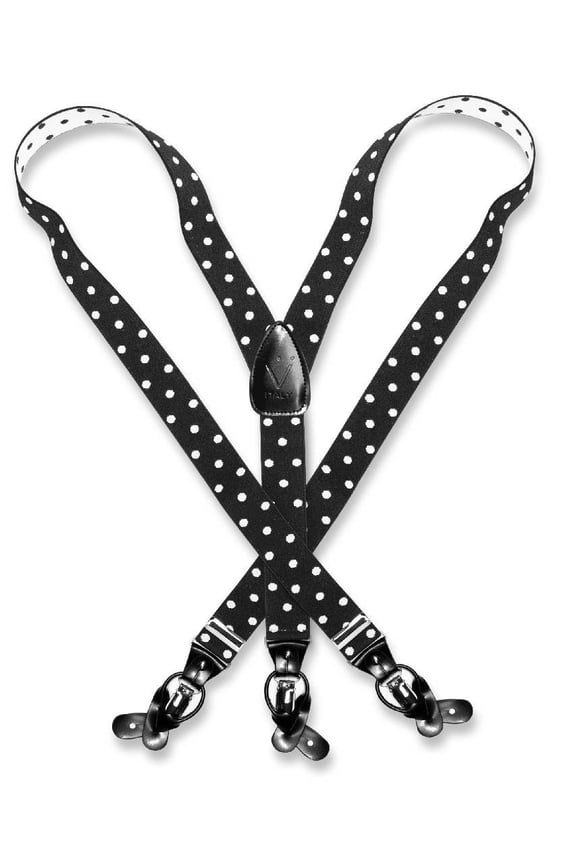 Men's Solid BLACK with WHITE DOTS SUSPENDERS Y Shape Elastic Buttons & Clips