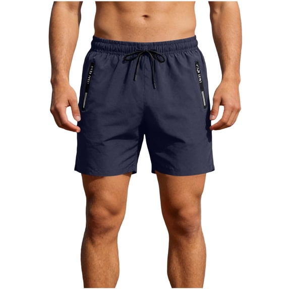 Men's Solid Beach Shorts Zipper Pockets Adjustable Drawstring Elastic Waist Quick Dry Lightweight Summer Casual Athletic Shorts Blue 3XL