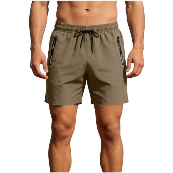 Men's Solid Beach Shorts Zipper Pockets Adjustable Drawstring Elastic Waist Quick Dry Lightweight Summer Casual Athletic Shorts Khaki XL