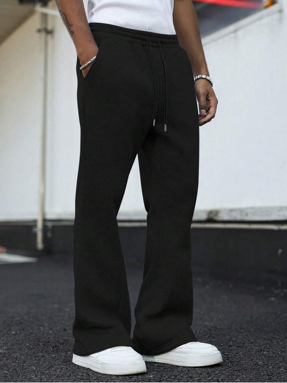Men's Solid Black Loose Flared Drawstring Casual Sweatpants