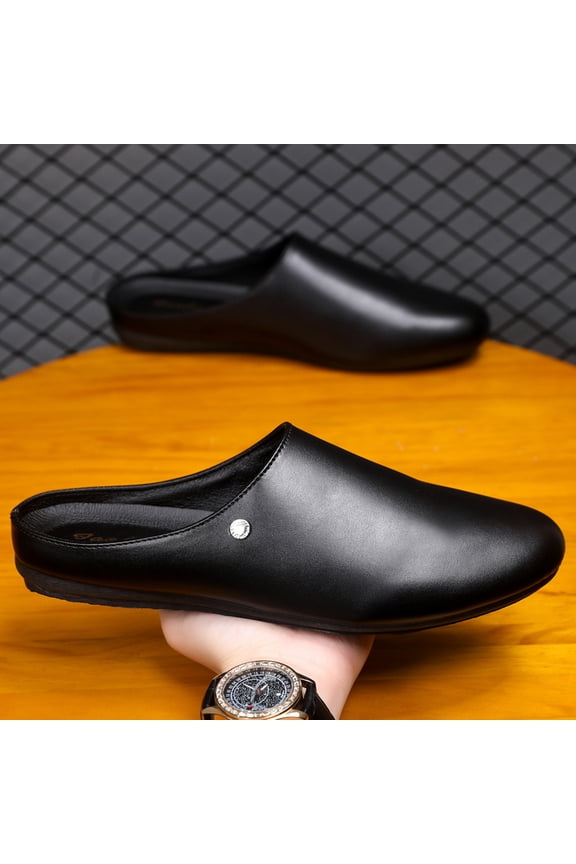 Men's Solid Black Smooth Leather Mule Loafers, Simple Rivet Decor Backless Slip On Slides