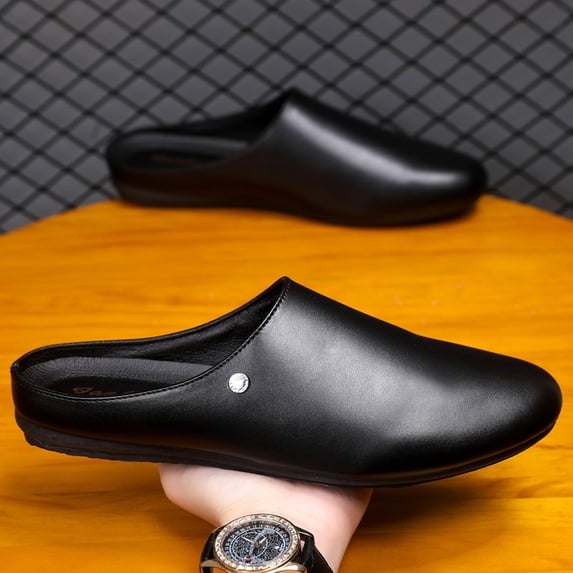Men's Solid Black Smooth Leather Mule Loafers, Simple Rivet Decor Backless Slip On Slides