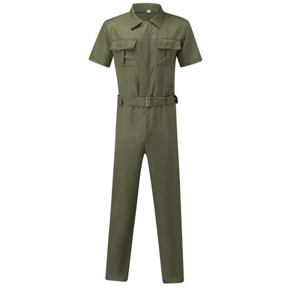 Men's Solid Cargo Jumpsuit Suit Short Sleeve Lapel V Neck Hide Zipper Straight Leg Pullover Onesie Overalls Work Romper Army Green,M