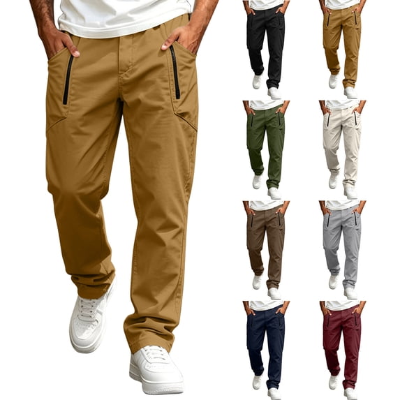 Men's Solid Cargo Pants Elastic Waist Straight Leg Trousers Stretch Work Pants With Zipper Pockets Daily Casual Wear