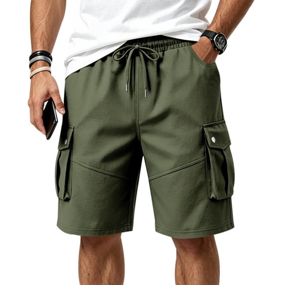 Men's Solid Cargo Shorts, Wrinkle Resistant Multi Pocket Outdoor Work Shorts with Elastic Drawstring Waist Army Green 3XL
