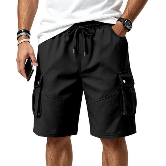 Men's Solid Cargo Shorts, Wrinkle Resistant Multi Pocket Outdoor Work Shorts with Elastic Drawstring Waist Black L