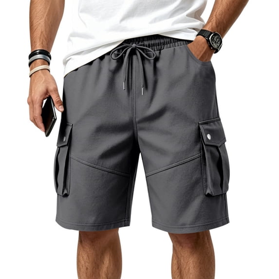 Men's Solid Cargo Shorts, Wrinkle Resistant Multi Pocket Outdoor Work Shorts with Elastic Drawstring Waist Dark Gray L