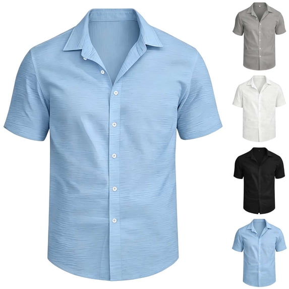 Men's Solid Casual Button Up Shirt Polyester | Short Sleeve Blouse Top Turndown Collar Relaxed Fit Easy Care Wrinkle Resistant Daily Wear Work Dress Shirt Gift | Zenithor,Sky Blue XL