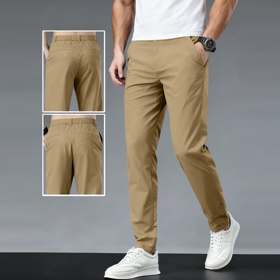 Men's Solid Casual Pants with Elastic Waistband & Pockets Full Length