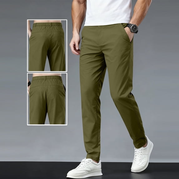 Men's Solid Casual Pants with Elastic Waistband & Pockets Full Length
